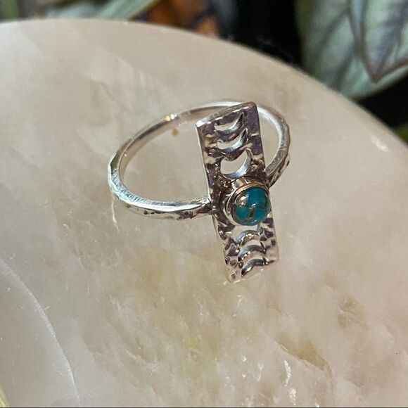 Copper Blue Turquoise Moon Phase Hammered Sterling Silver Ring Size 6.5 - Picture 6 of 7